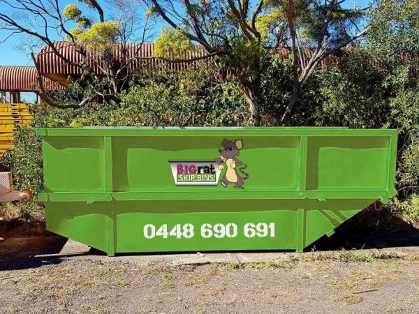 10 metre cube Skip Bin with Big Rat logo and phone number